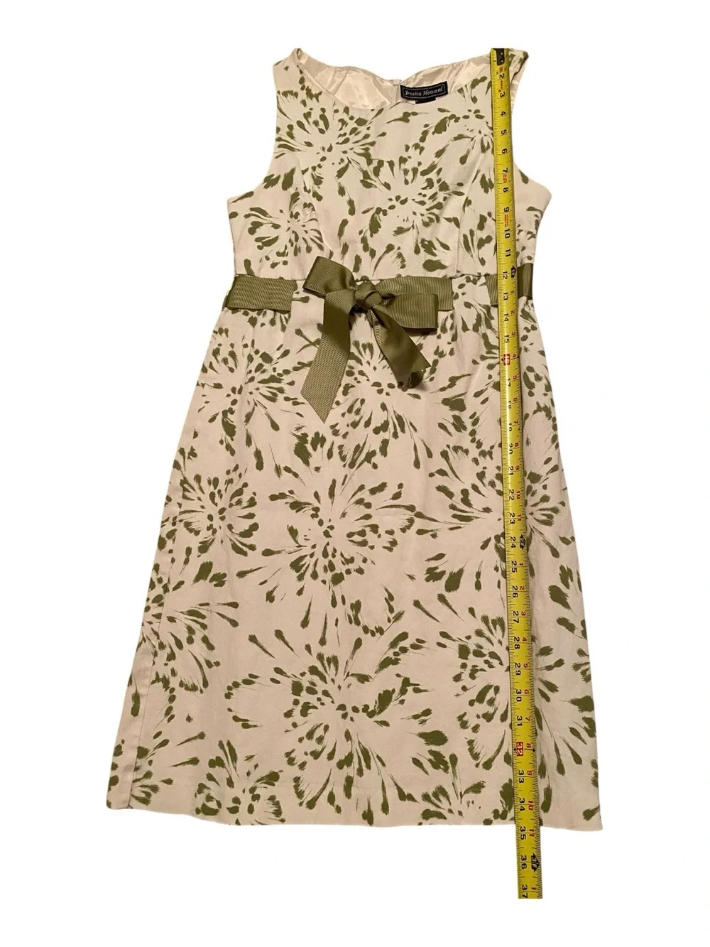 Jessica Howard Cream Dress with Olive Floral Print and Bow, Size 6 - Picture 7 of 7